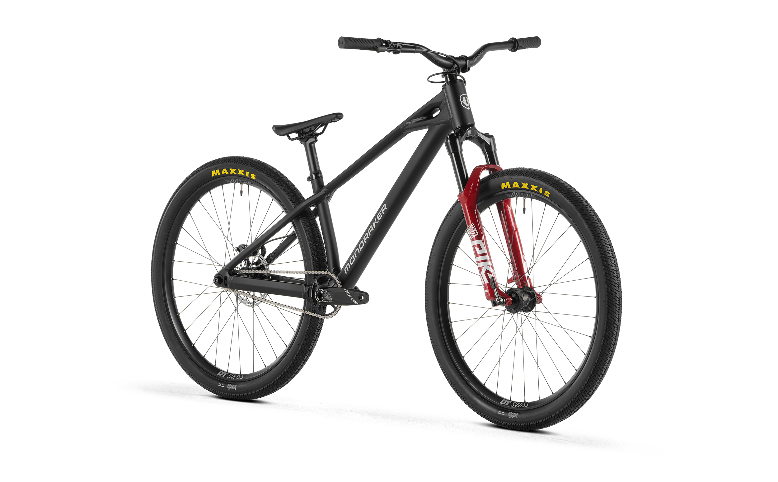 Das Mondraker KAOZ kombiniert einen robusten Aluminiumrahmen, RockShox Pike DJ Federgabel und Singlespeed-Antrieb zu einem kompromisslosen Dirt Jump Bike für Pumptrack, Bikepark und Slopestyle. Gewicht ab 11,2 kg.